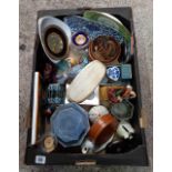 CARTON WITH MISC BRIC-A-BRAC, PLATES, SAUCERS, CANDLE HOLDERS, STONEWARE STORAGE JAR ETC