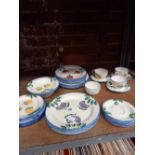 SHELF WITH POOLE POTTERY PLATES, CUPS & SAUCERS & DISHES