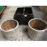 2 LIME WASHED CIRCULAR WOOD POTS & A CHINESE WOOD METAL BOUND RICE BUCKET