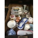 CARTON OF MISC CHINAWARE INCL; DRESSING TABLE POTS, PIN DISHES, CANDLESTICK HOLDER & CUP