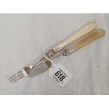 PAIR OF SILVER PICKLE / DESSERT FORKS WITH M.O.P HANDLES