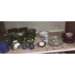 SHELF WITH VARIOUS SMALL VASES MARKED NP NORTH DEVON, A BLUE POOLE SUGAR JAR & OTHER CHINA