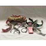 LEOPARD SPOT BAG WITH PLAYBOY ZIPPO, LADIES WATCH & 4 OTHER WATCHES