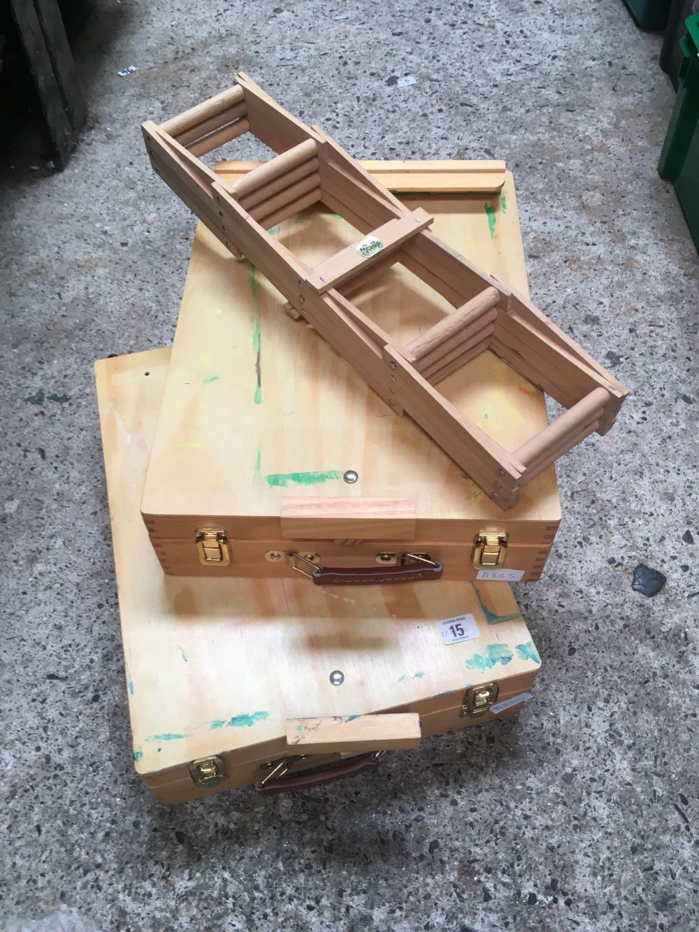2 WOODEN ARTISTS BOXES & A FOLDING WINE RACK