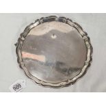 SILVER DISH 8'' DIA, WITH 3 CLAW FEET, ONE MISSING WITH RUBBED INSCRIPTION, SHEFFIELD 1925, APPROX
