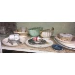 SHELF WITH VARIOUS PLATES, VASES, 1 BY DARTMOUTH OF DEVON, NORITAKI COFFEE CUPS & OTHER CHINAWARE