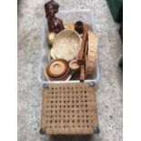 CRATE OF WOOD / WEAVED ITEMS INCL; NEW CHEESE BOARD WITH INTERNAL TOOLS