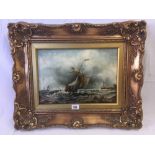 OIL PAINTING ON CANVAS OF A SAILING BOAT IN HEAVY SEAS WITH OTHER SHIPPING HARBOUR TO THE RIGHT,