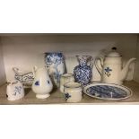 SHELF OF BLUE & WHITE JUGS ETC