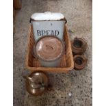 COLLECTION OF VINTAGE KITCHENALIA INCL; 2 CAST IRON GLUE POT & COPPER KETTLE & 2 STONEWARE JARS