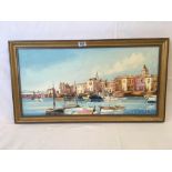 OIL PAINTING ON CANVAS, A VIEW OF ST TROPEZ HARBOUR SIGNED RENE FUMOLEAU & DATED '74