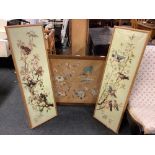 EMBROIDERED OAK FRAME FIRE SCREEN & PAIR OF PINE FRAMED OIL PAINTINGS OF BRITISH BIRDS