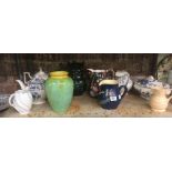 SHELF WITH VARIOUS TEA POTS, JUGS, VASES & A TUREEN