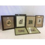 A GROUP OF 6 PICTURES INCLUDING 2 PENCIL SIGNED ETCHINGS, TWO ANTIQUE PORTRAITS AND A PAIR OF 19TH