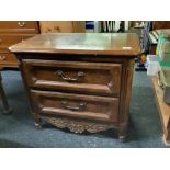 CARVED OAK CHEST OF 2 DRAWERS WITH BRASS DROP HANDLES BY THE HICKORY MANUFACTURING COMPANY U.S.A,