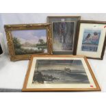 GILT FRAMED OIL ON CANVAS OF A RIVER & MEADOW SIGNED MERCIER & 3 OTHERS