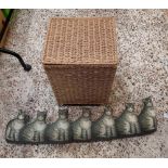 SQUARE RAFFIA WASTE BASKET WITH LID & A CAT DRAFT EXCLUDER