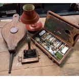 MODERN ADJUSTABLE CANDLE LAMP, WOODEN BELLOWS, PAPER PUNCH & AN ARTIST BOX WITH CONTENTS