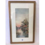 SIGNED WATERCOLOUR OF A TRANQUIL RIVER SCENE WITH FIGURES IN A ROWING BOAT, SIGNED FURSE.