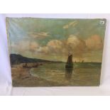 OSKAR LARSEN. COASTAL VIEW WITH BEACHED SAILING VESSELS, OIL PAINTING ON CANVAS, SIGNED