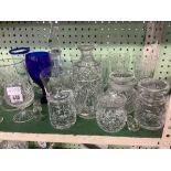 SHELF OF CRYSTAL GLASSWARE, DECANTERS, JUGS & STORAGE JARS