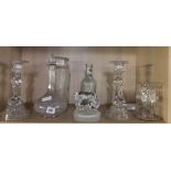 PAIR OF GLASS CANDLESTICKS & OTHER GLASSWARE