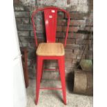 RED METAL BAR KITCHEN STOOL WITH WOODEN SEAT