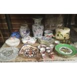 SHELF WITH VARIOUS CHINAWARE INCL; VASES, CHEESE DISH WITH SMALL CHIP, VARIOUS PLATES & NIBBLE