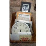 CARTON WITH ROUND WALL CLOCK, F/G PICTURES & TIN ADVERTISING SIGNS