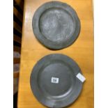 2 PEWTER PLATES, MARKED TO THE BOTTOM