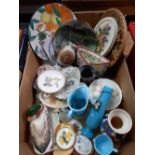 CARTON WITH MISC CHINAWARE INCL; PLATES, A DUCK, BUTTER DISH, SMALL BRASS FRAMED FLOWERS & BIRDS &