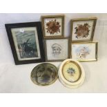 SEVEN FRAMED MINIATURE PICTURES INCL WATERCOLOUR OF A POLO PLAYER SIGNED MARION BALL. OVAL