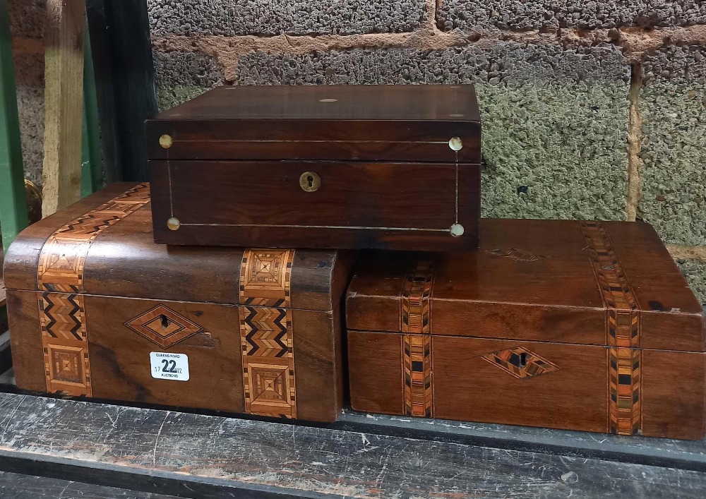 3 WOODEN INLAID TRINKET OR WRITING BOXES