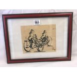 AN ORIENTAL PEN, INK AND WATERCOLOUR DRAWING. FIGURES ON BICYCLES.