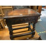 SMALL CARVED OAK STOOL WITH HINGED LID