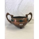 2 HANDLED COPPER ARTS & CRAFTS BOWL ON SCROLL FEET WITH OVAL ENAMEL INSERTS