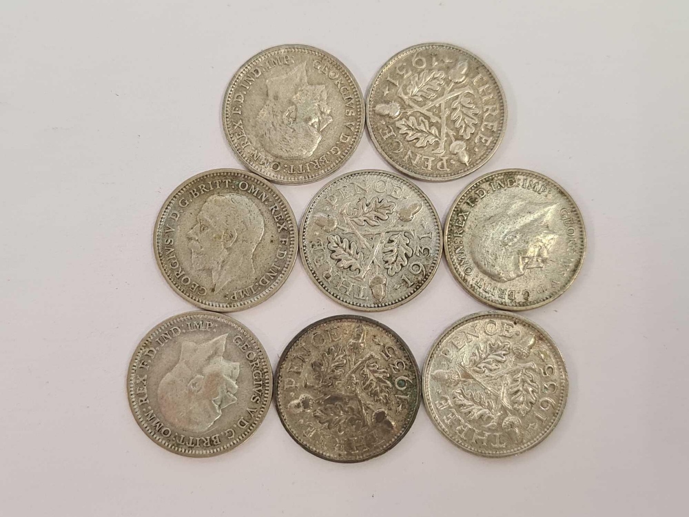 8 SILVER THREEPENNY PIECES