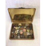 QTY OF MISC COINAGE IN A BRASS STATE EXPRESS CIGARETTE BOX