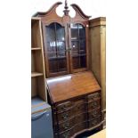 POLISHED MAHOGANY BUREAU BOOKCASE WITH 4 LONG DRAWERS & BRASS DROP HANDLES BY PENNSYLVANIA HOUSE