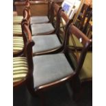 SET OF 4 MODERN MAHOGANY & VELOUR UPHOLSTERED DINING CHAIRS WITH CROSS BANDING TO BACK