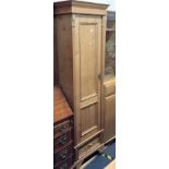 NARROW STRIPPED PINE CUPBOARD WITH SHELVING & DRAWER,