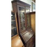 ART NOUVEAU BREAK FRONT BUREAU BOOKCASE WITH LEADED STAINED GLASS DOORS & 3 DRAWERS WITH ORNATE