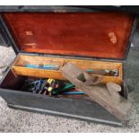 WOODEN CARPENTERS BOX WITH MISC TOOLS