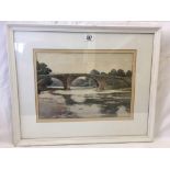 WATERCOLOUR OF AN OLD BRIDGE ACROSS A RIVER, ENTITLED “THE OLD PACKHORSE BRIDGE, HURST GREEN”,