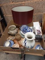 4 CARTONS OF MISC CHINAWARE INCL; PLATES, LAMP SHADE, F/G PICTURES, BAROMETER,