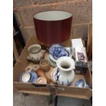 4 CARTONS OF MISC CHINAWARE INCL; PLATES, LAMP SHADE, F/G PICTURES, BAROMETER,