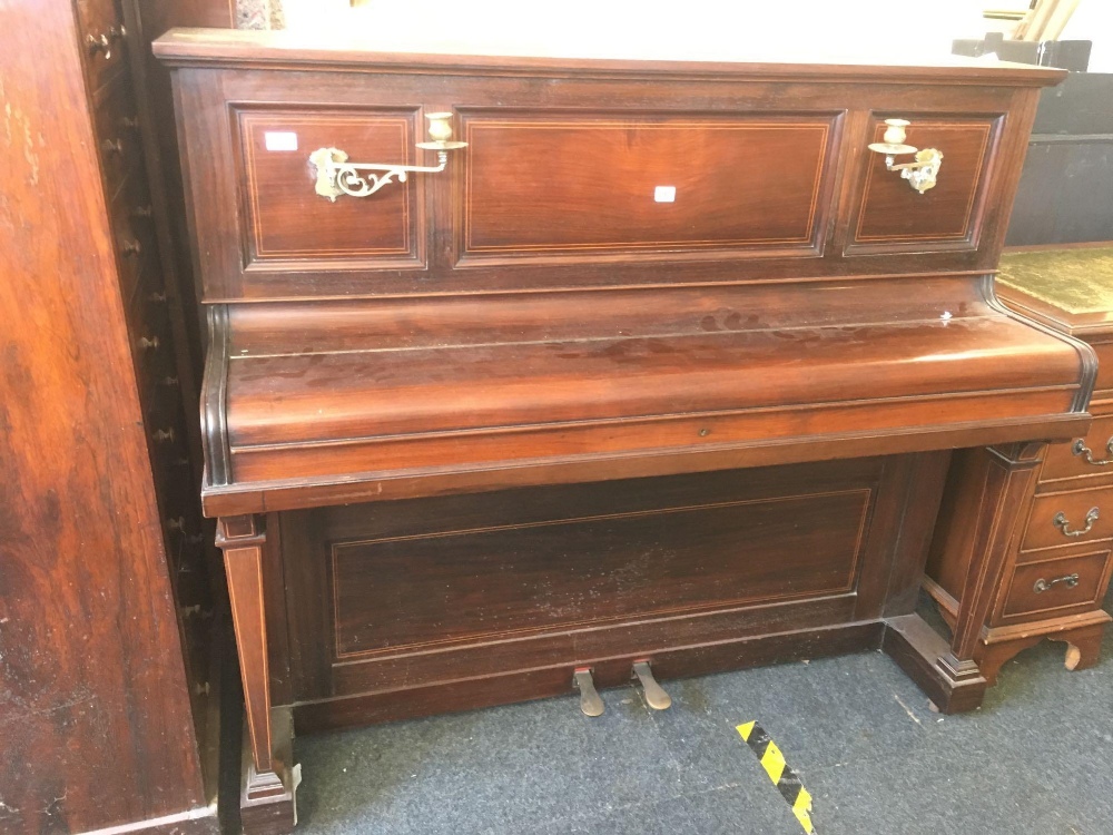 LATE VICTORIAN MAHOGANY UPRIGHT PIANO WITH BRASS CANDLESTICKS BY JOHN BROADWOOD & SONS (WITHDRAWN)