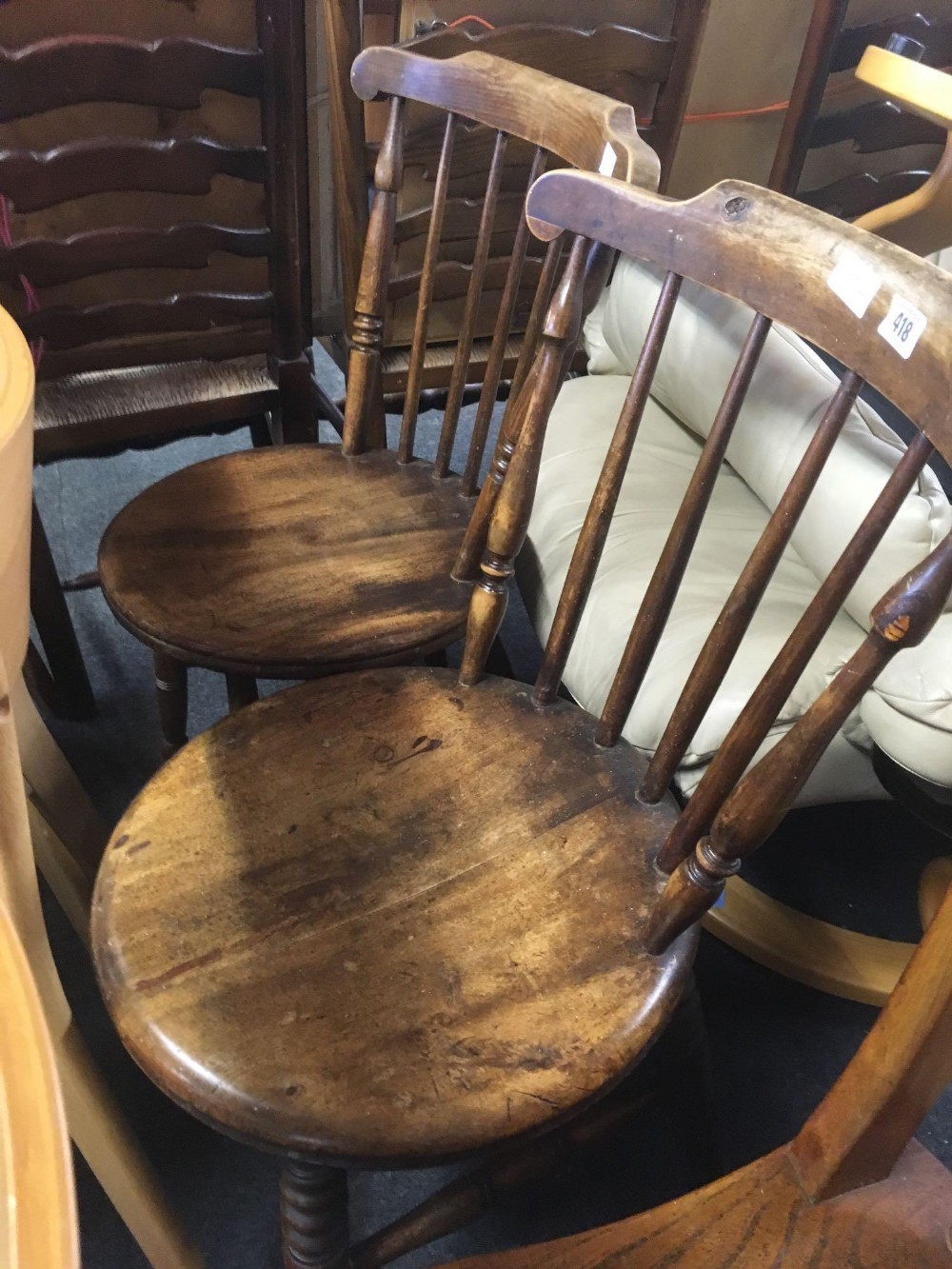 MATCHING PAIR OF BEECH WOOD STICK BACK CHAIRS WITH TURNED LEGS