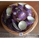 ROUND WICKER BASKET WITH A GOLD RIMMED & PURPLE TEA/COFFEE SET