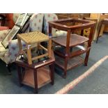 MAHOGANY GLASS TOP TABLE & A TABLE MINUS GLASS WITH WICKER SHELF UNDER,